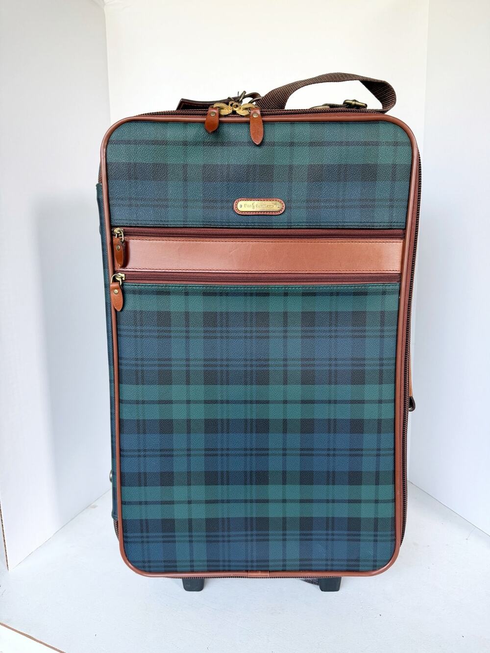 Polo Ralph Lauren Blackwatch Plaid Carry On Luggage Suitcase Leather Navy Green